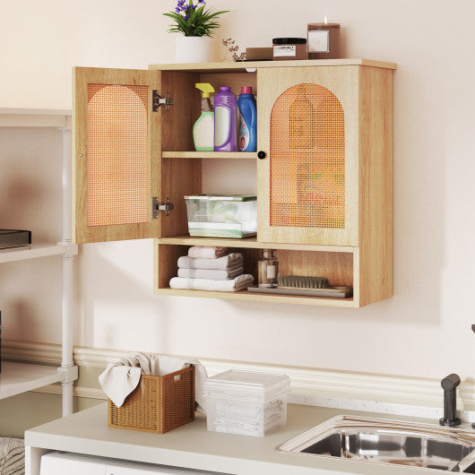 Bathroom Wall Cabinet with PE Rattan Doors and Adjustable Shelves-Natural