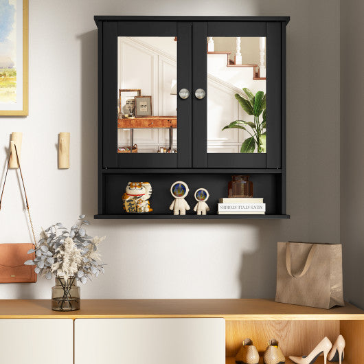 Double Door Wall-Mounted Bathroom Mirror Cabinet with Storage Shelf-Black