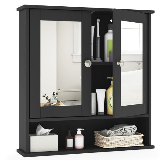 Double Door Wall-Mounted Bathroom Mirror Cabinet with Storage Shelf-Black