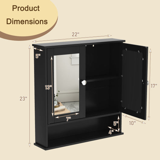 Double Door Wall-Mounted Bathroom Mirror Cabinet with Storage Shelf-Black