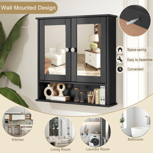 Double Door Wall-Mounted Bathroom Mirror Cabinet with Storage Shelf-Black
