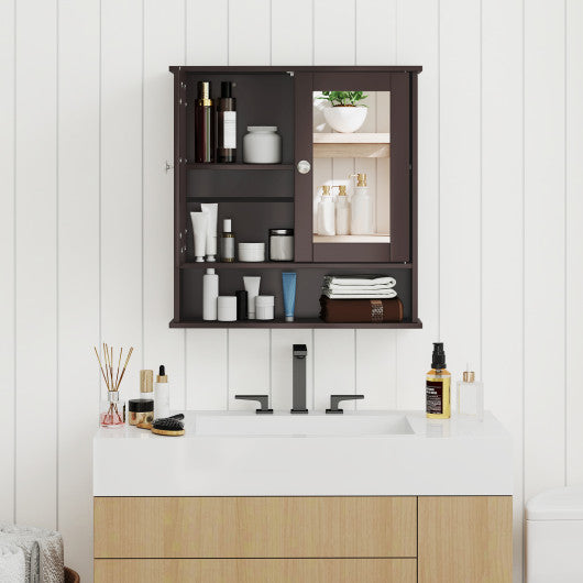 Bathroom Wall Mount Mirror Cabinet Organizer-Brown
