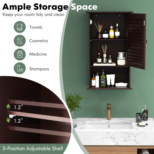 Bathroom Wall Mount Storage Cabinet Single Door with Height Adjustable Shelf-Rustic Brown
