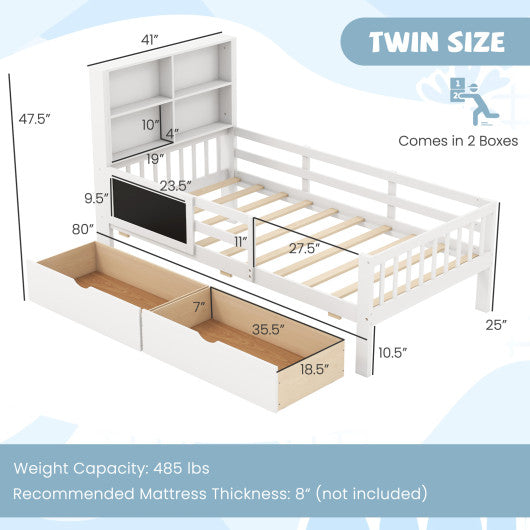 Twin/Full Size Bed Frame with 2 Drawers and Bookcase for Boys and Girls-Twin Size