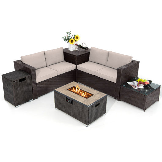 6 Pieces Outdoor Wicker Furniture Set with 32 Inch Propane Fire Pit Table-Beige