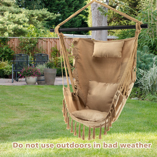 Hanging Rope Swing Chair with Soft Pillow and Cushions-Beige