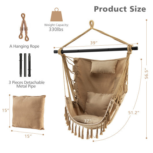 Hanging Rope Swing Chair with Soft Pillow and Cushions-Beige