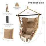 Hanging Rope Swing Chair with Soft Pillow and Cushions-Beige