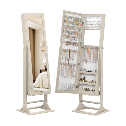 Freestanding Lockable Jewelry Armoire with Full-Length Mirror and 6 LED Lights-Beige