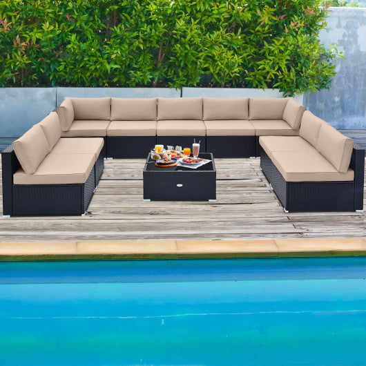 10 Piece Outdoor Wicker Conversation Set with Seat and Back Cushions-Beige