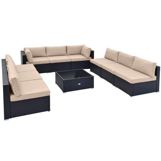 10 Piece Outdoor Wicker Conversation Set with Seat and Back Cushions-Beige