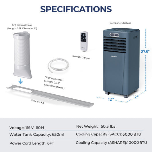 10000 BTU 4-in-1 Portable Air Conditioner with Dehumidifier and Fan Mode-Dark Blue