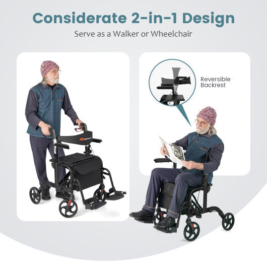 Folding Rollator Walker with Seat and Wheels Supports up to 300 lbs-Black