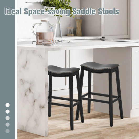 29 Inch Set of 2 Backless Wood Nailhead Barstools with PVC Leather Seat-Black