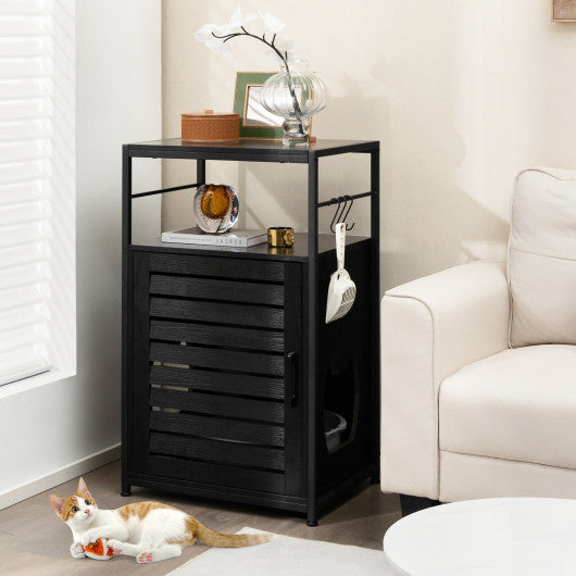 Cat Litter Box Enclosure with Louvered Door and  3-Tier Shelf-Black