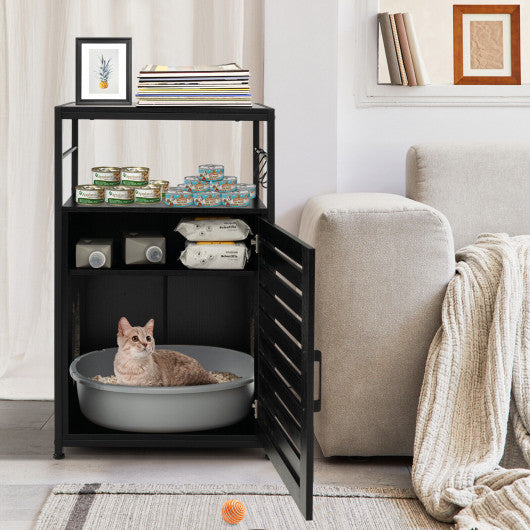 Cat Litter Box Enclosure with Louvered Door and  3-Tier Shelf-Black