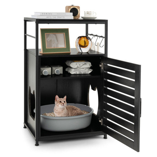 Cat Litter Box Enclosure with Louvered Door and  3-Tier Shelf-Black
