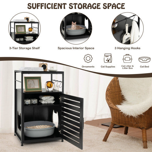 Cat Litter Box Enclosure with Louvered Door and  3-Tier Shelf-Black
