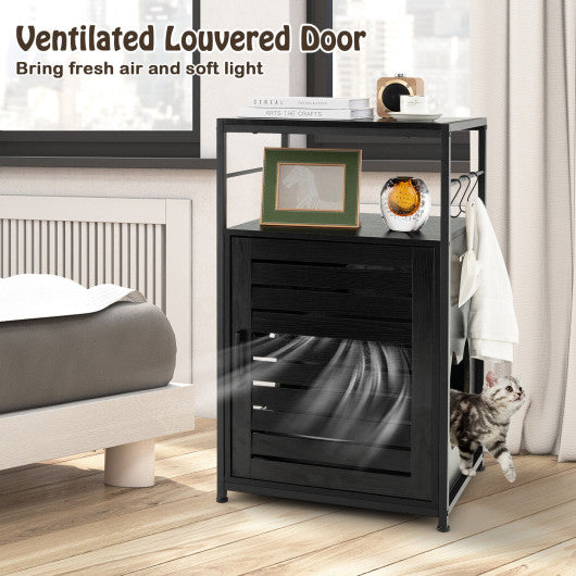 Cat Litter Box Enclosure with Louvered Door and  3-Tier Shelf-Black