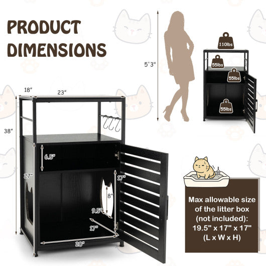 Cat Litter Box Enclosure with Louvered Door and  3-Tier Shelf-Black