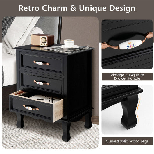 3 Drawers Nightstand with Solid Wood Legs for Living Room Bedroom-Black