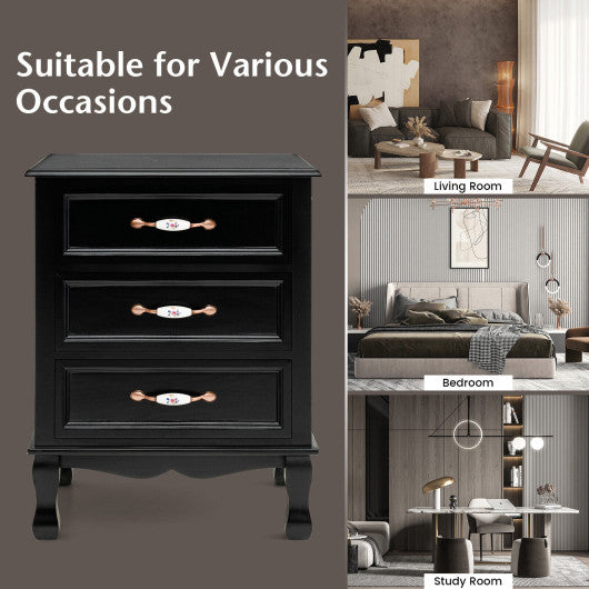 3 Drawers Nightstand with Solid Wood Legs for Living Room Bedroom-Black