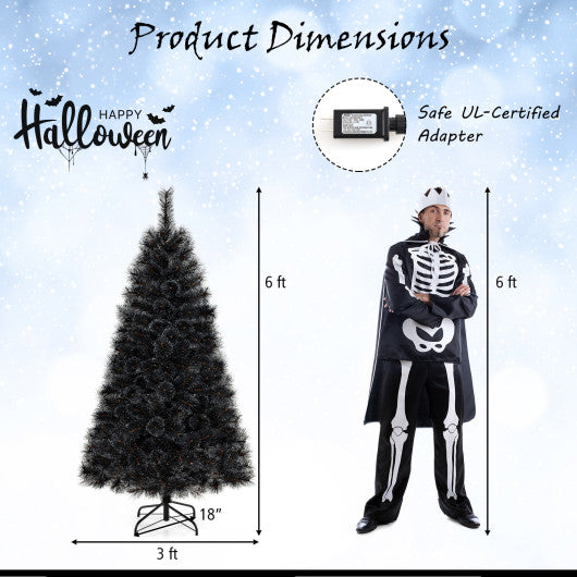 6/7/8 Feet Black Artificial Halloween Christmas Tree with PVC Branch Tips and 210/320/450 Cool White LED Lights-S