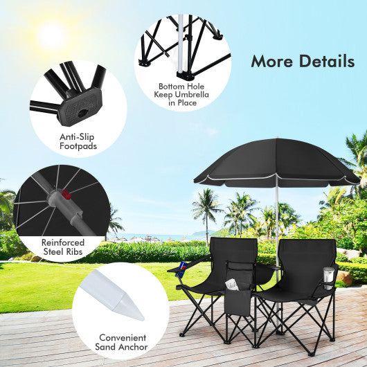 Portable Folding Picnic Double Chair With Umbrella-Black