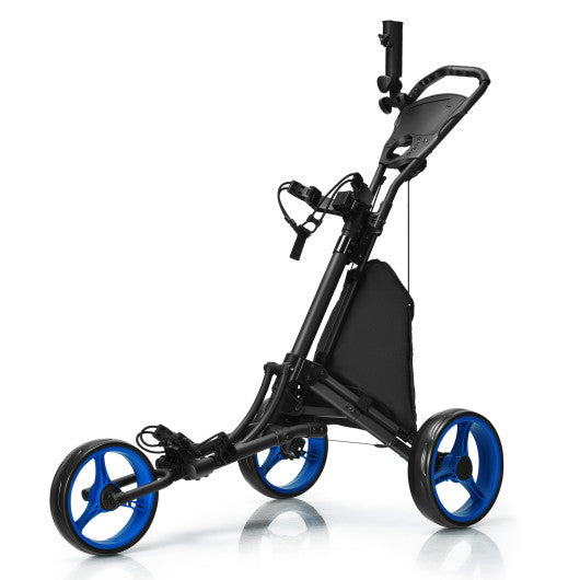Folding 3 Wheels Golf Push Cart with Bag Scoreboard Adjustable Handle-Blue