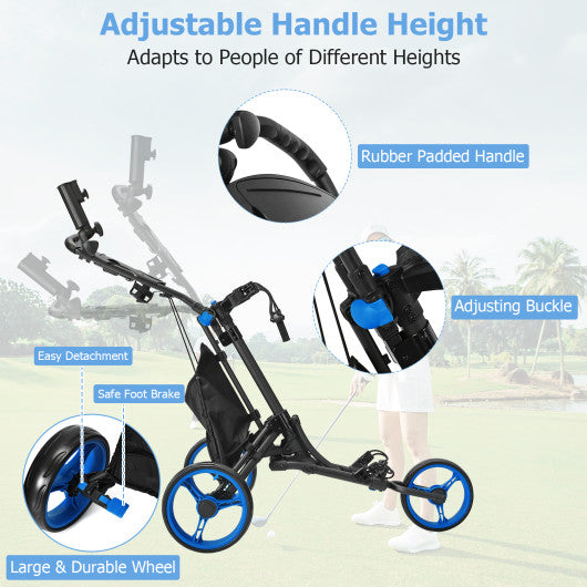 Folding 3 Wheels Golf Push Cart with Bag Scoreboard Adjustable Handle-Blue