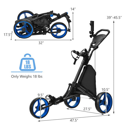 Folding 3 Wheels Golf Push Cart with Bag Scoreboard Adjustable Handle-Blue