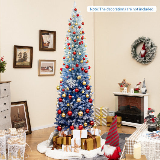 7 Feet Blue Gradient Snow Flocked Artificial Christmas Tree-Blue