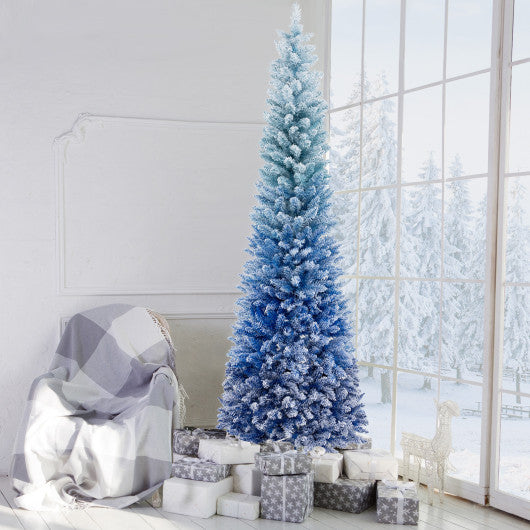 7 Feet Blue Gradient Snow Flocked Artificial Christmas Tree-Blue