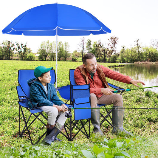 Portable Folding Picnic Double Chair with Umbrella-Blue