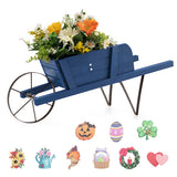 Wooden Wagon Planter with 9 Magnetic Accessories for Garden Yard-Blue