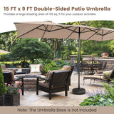15 Feet Double-Sized Patio Umbrella with Crank Handle and Vented Tops-Brown