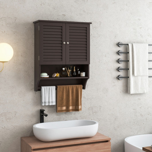2-Doors Bathroom Wall-Mounted Medicine Cabinet with Towel Bar-Brown