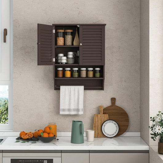 2-Doors Bathroom Wall-Mounted Medicine Cabinet with Towel Bar-Brown