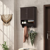 2-Doors Bathroom Wall-Mounted Medicine Cabinet with Towel Bar-Brown
