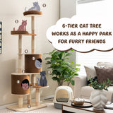 6-Tier Wooden Cat Tree with 2 Removeable Condos Platforms and Perch-Brown