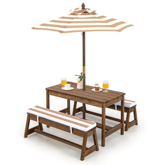 Kids Picnic Table and Bench Set with Cushions and Height Adjustable Umbrella-Brown