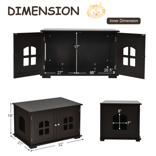 Large Wooden Cat Litter Box Enclosure Hidden Cat Washroom with Divider Coffee