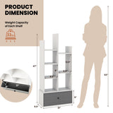 7-Tier Open-Back Bookshelf with Drawer-White