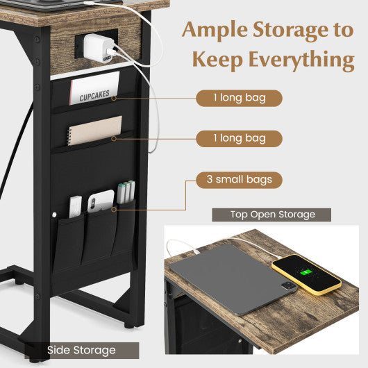 Set of 2 C Shaped End Table with Charging Station-Rustic Brown