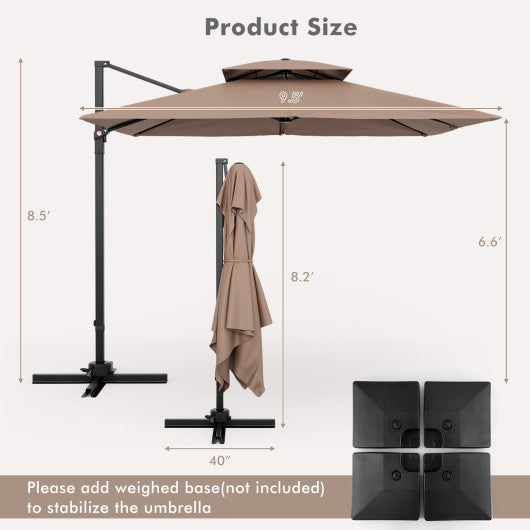 9.5 Feet Cantilever Patio Umbrella with 360° Rotation and Double Top-Coffee