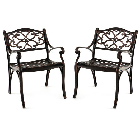 Cast Aluminum Dining Chairs Set of 2 with Patio Chairs Armrests Flower Pattern-Bronze