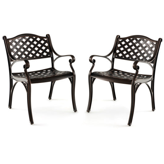 Cast Aluminum Patio Chairs Set of 2 Dining Chairs with Armrests Diamond Pattern-Bronze