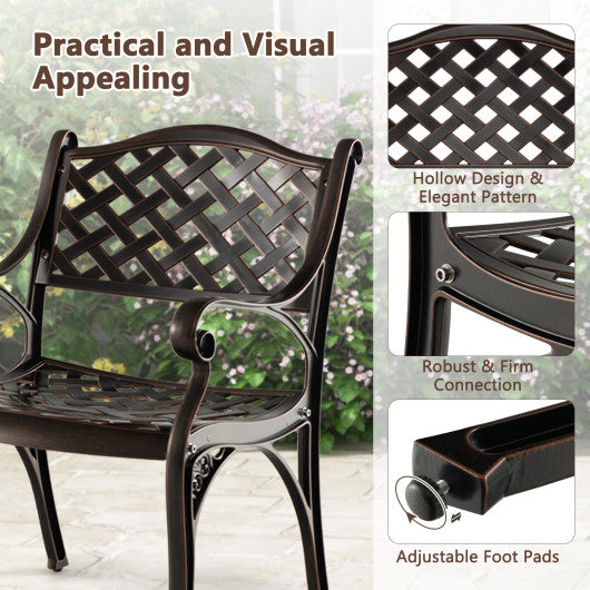 Cast Aluminum Patio Chairs Set of 2 Dining Chairs with Armrests Diamond Pattern-Bronze