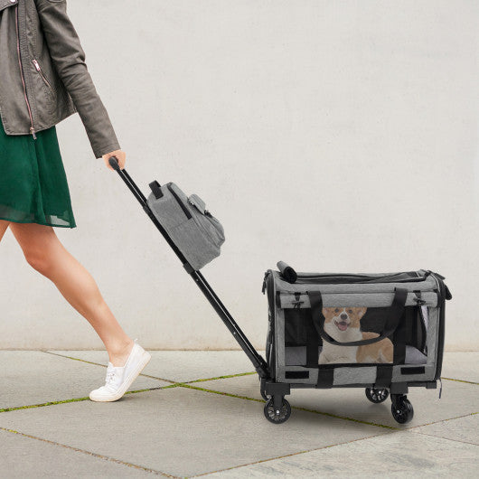 Rolling Cat Carrier with Dual-use Pads and Litter Bag-Gray