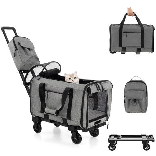 Rolling Cat Carrier with Dual-use Pads and Litter Bag-Gray